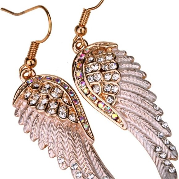 Women's Crystal Guardian Angel Wings Hypoallergenic Dangle Earrings Biker Jewelr - Picture 2 of 5